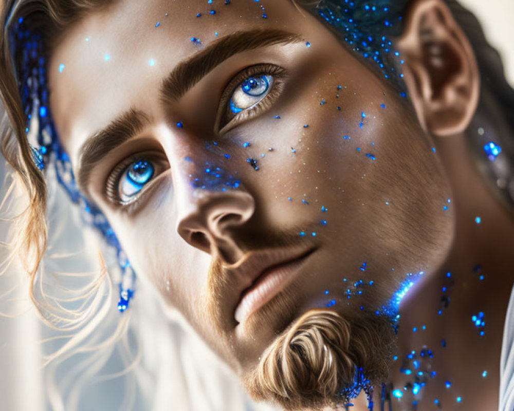 Digital artwork: Person with blue star-like patterns, bright blue eyes, flowing light hair - celestial theme