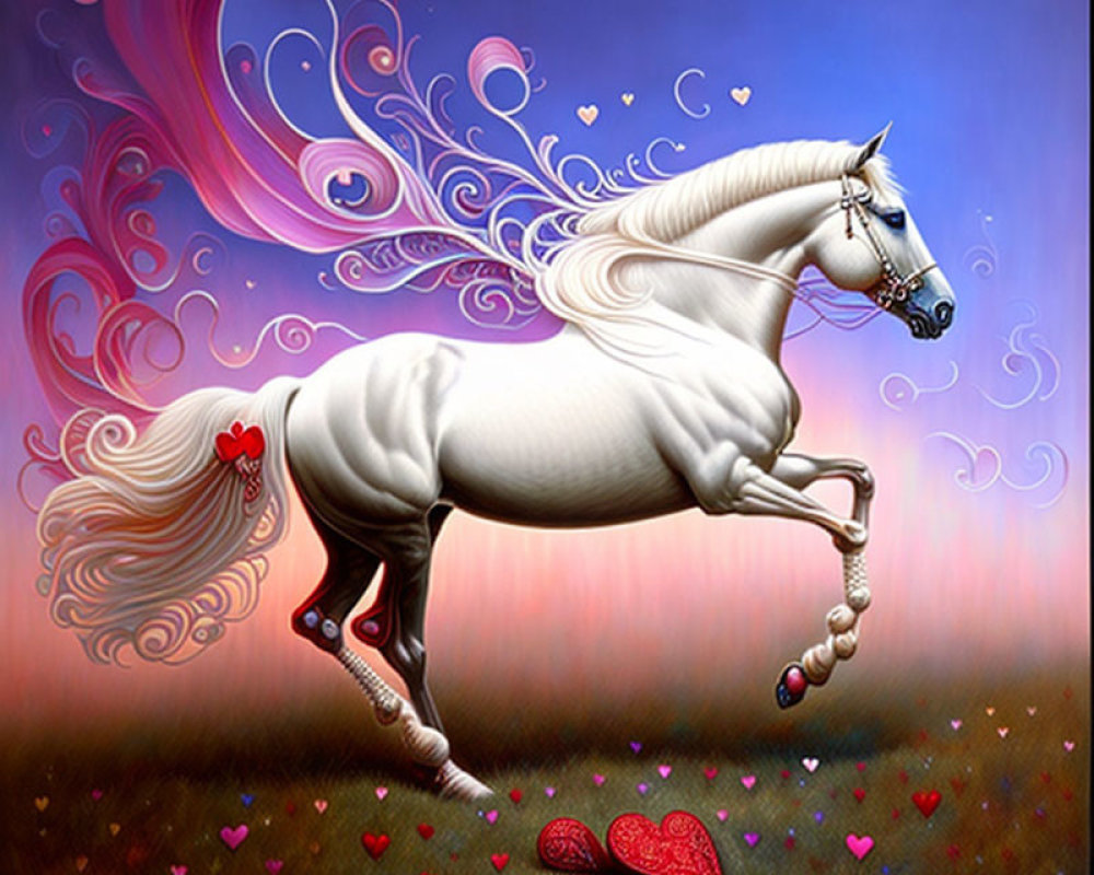 Majestic white horse in pink and purple hues with hearts around hooves