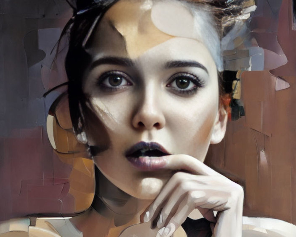 Dark-haired woman with striking eyes in fragmented cubist style.