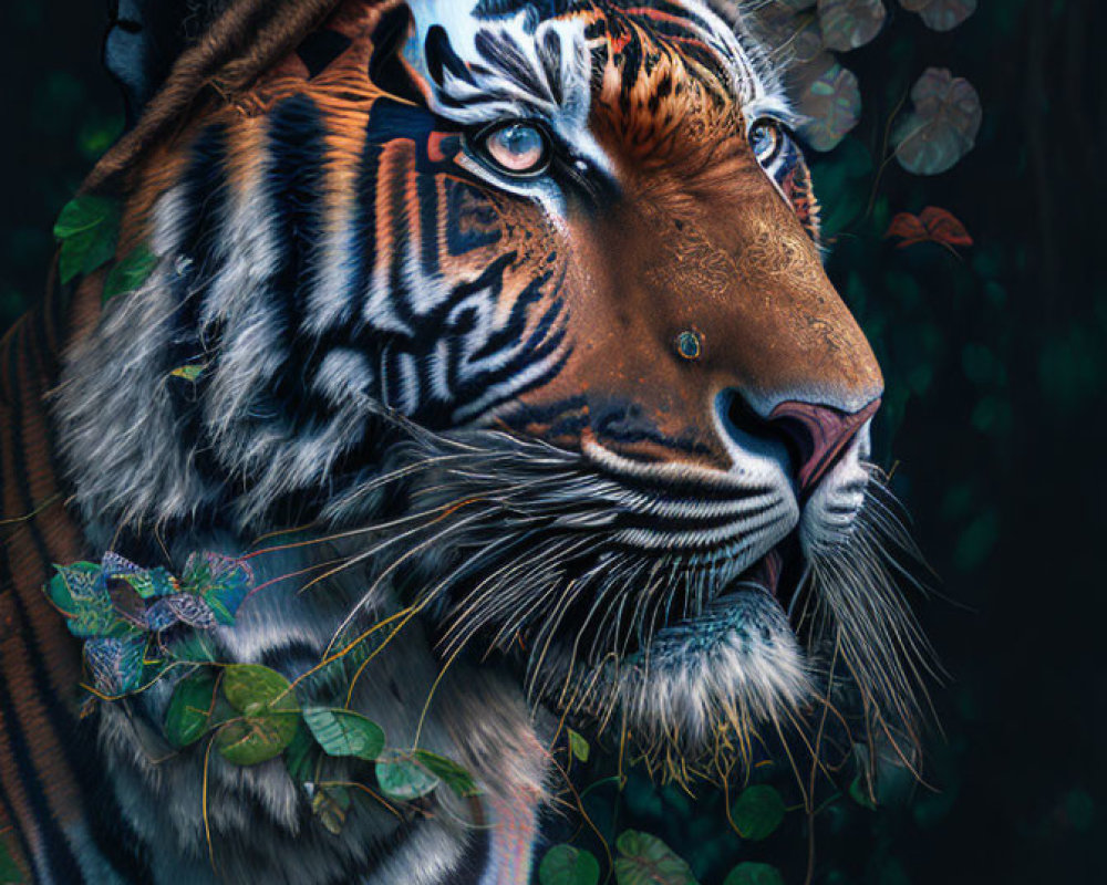 Majestic Tiger with Striking Orange, Black, and White Fur Amid Colorful Butterflies and