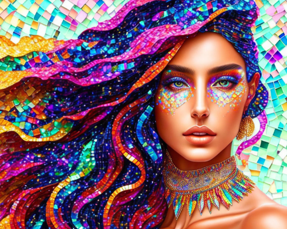 Colorful digital artwork of a woman with glittering hair and makeup on mosaic background