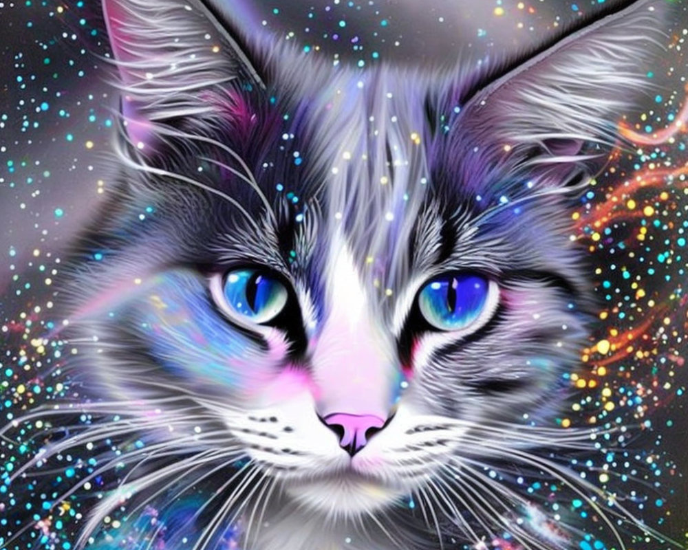 Colorful Digital Artwork: Cat with Blue Eyes in Cosmic Setting