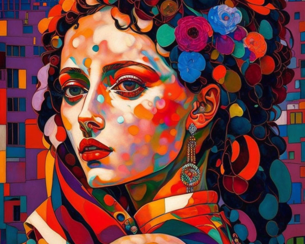 Vibrant portrait painting of a woman with floral hair decorations