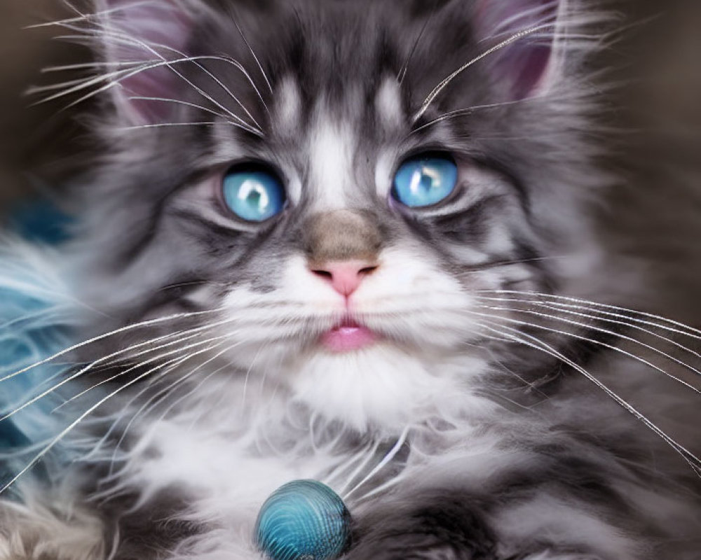 Gray and White Kitten with Blue Eyes and Ball on Soft Surface