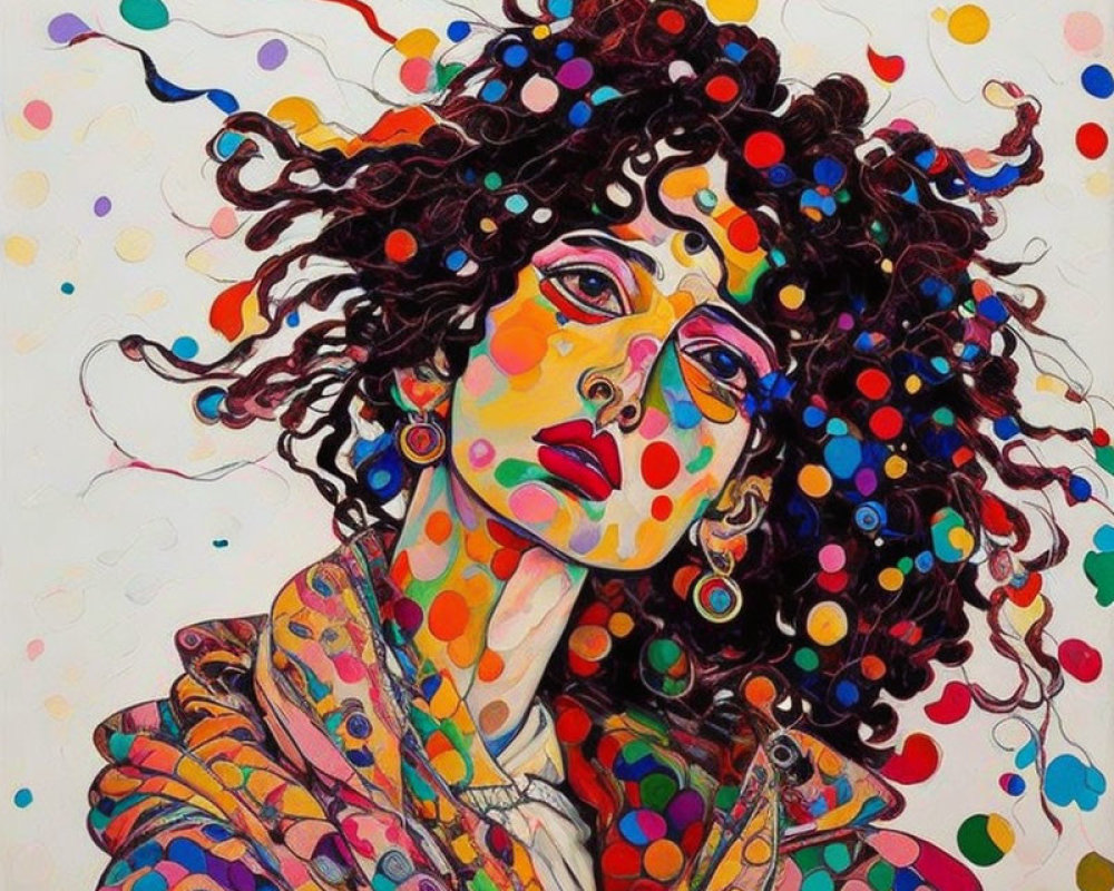 Colorful Abstract Portrait of Woman with Curly Hair and Bright Patterns