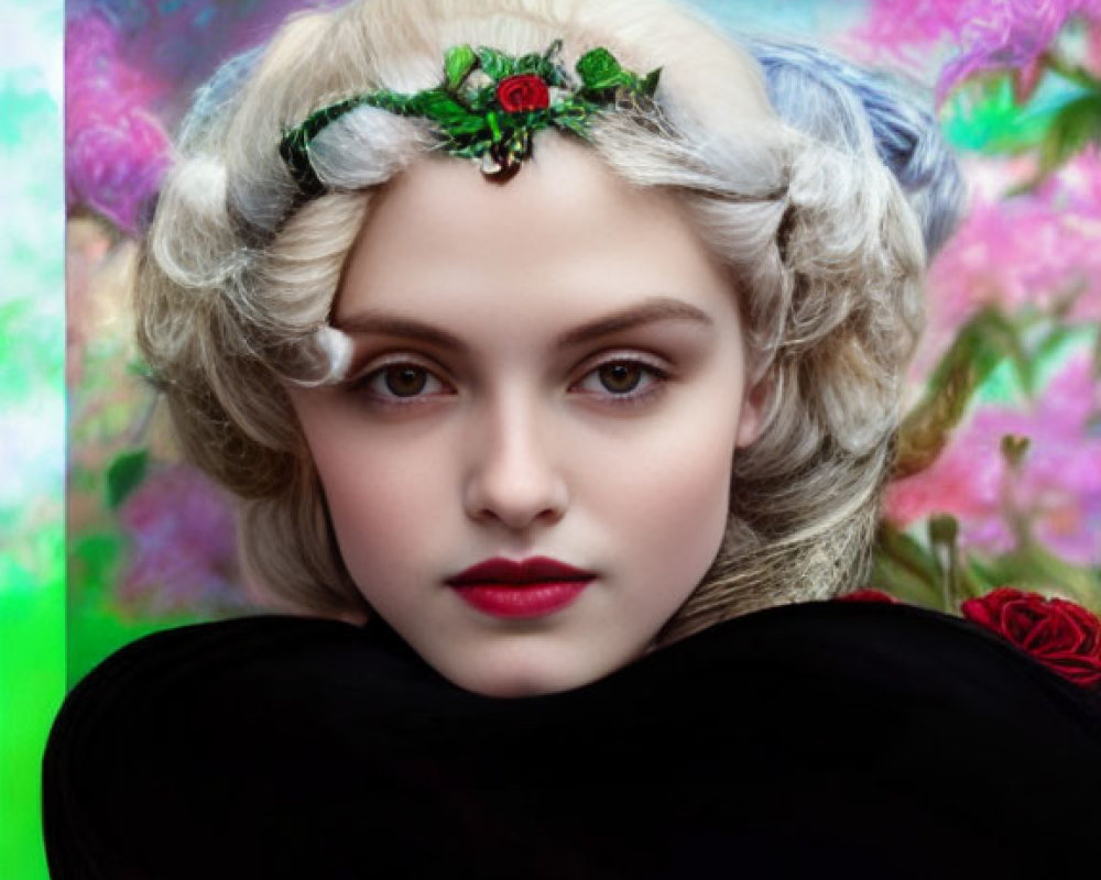 Curly blonde woman in floral headpiece and black garment against colorful background