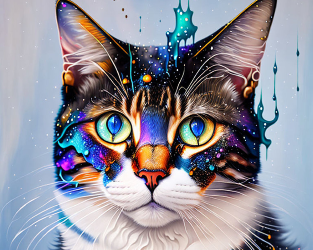 Colorful cosmic cat digital artwork with hypnotic eyes on cool-toned backdrop