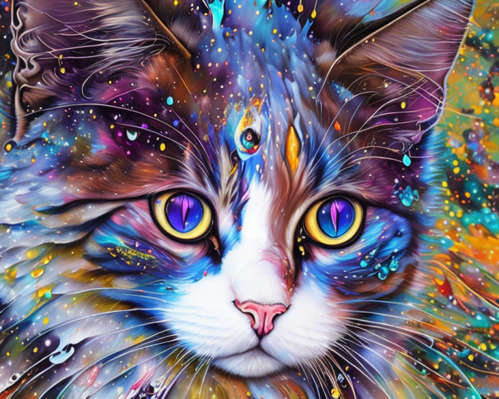 Colorful Cat Artwork with Psychedelic Patterns and Purple Eyes