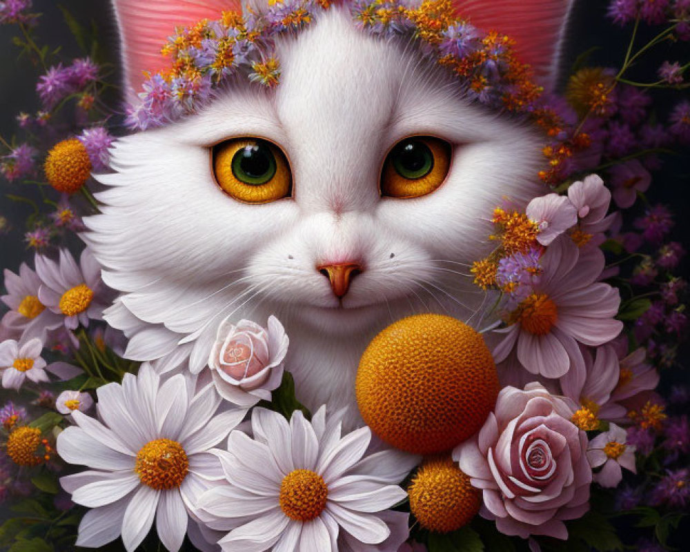 White Cat with Flower Crown Surrounded by Colorful Flora