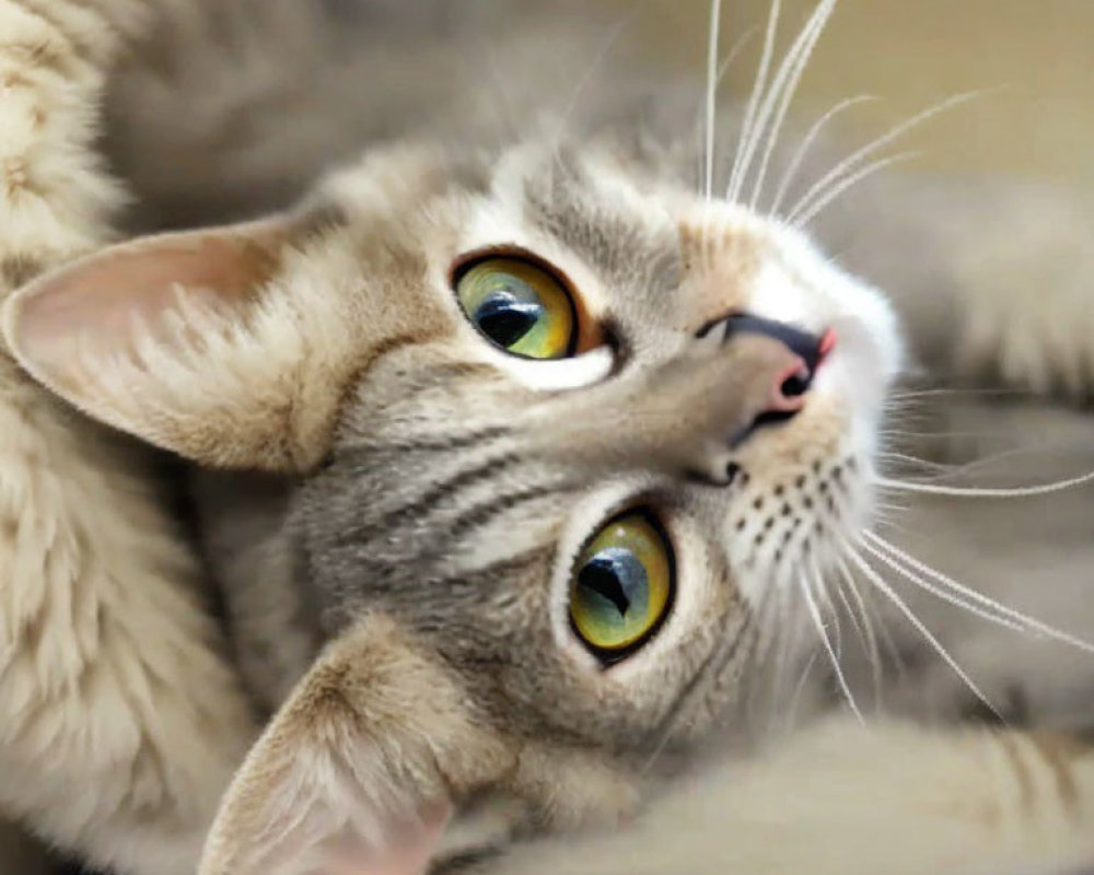 Grey Cat with Striking Yellow Eyes and Prominent Whiskers in Close-Up