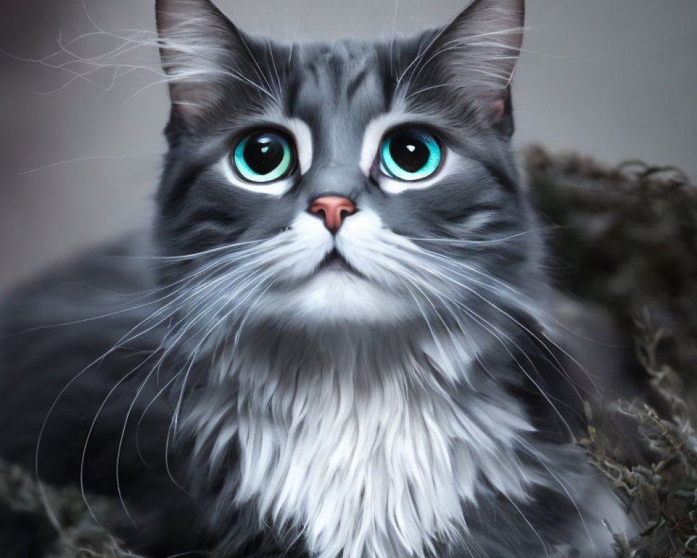 Fluffy gray and white cat with blue eyes on textured surface