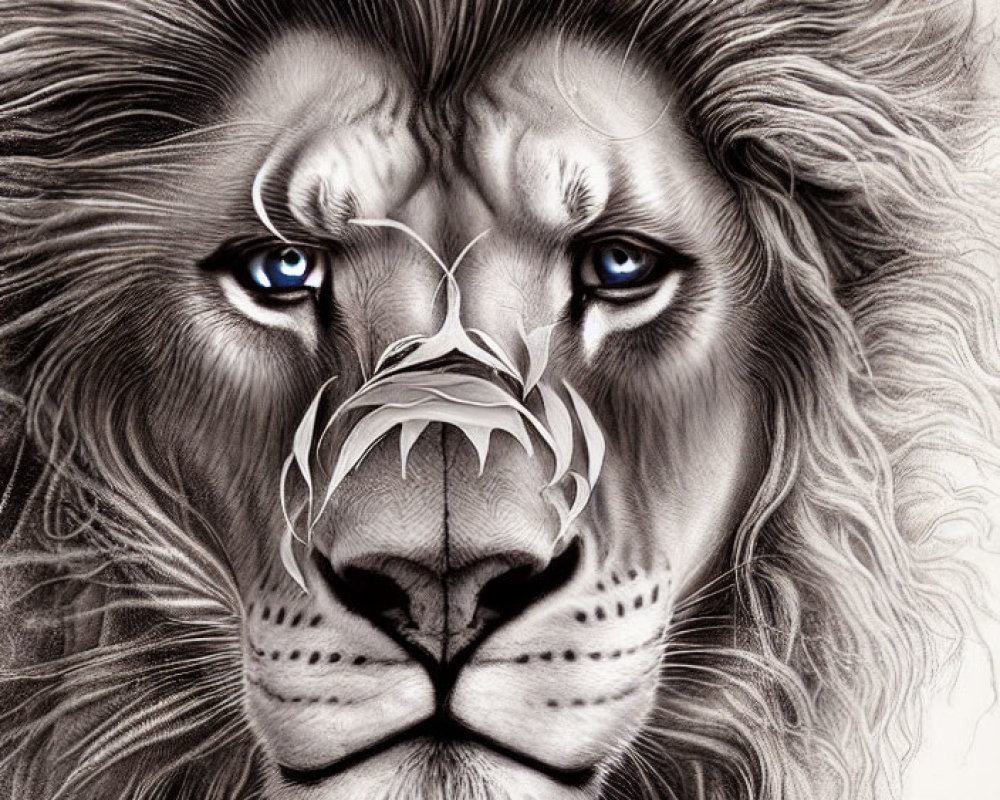 Detailed black and white lion face drawing with intense gaze and full mane