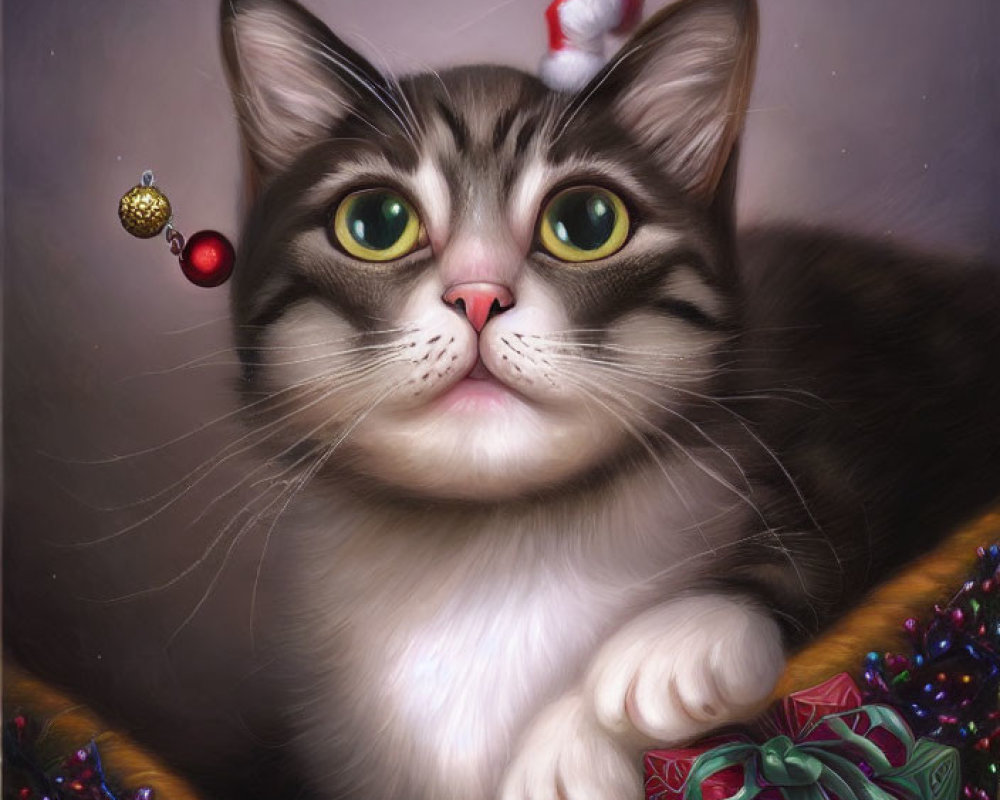 Festive cat digital painting with gift and decorations