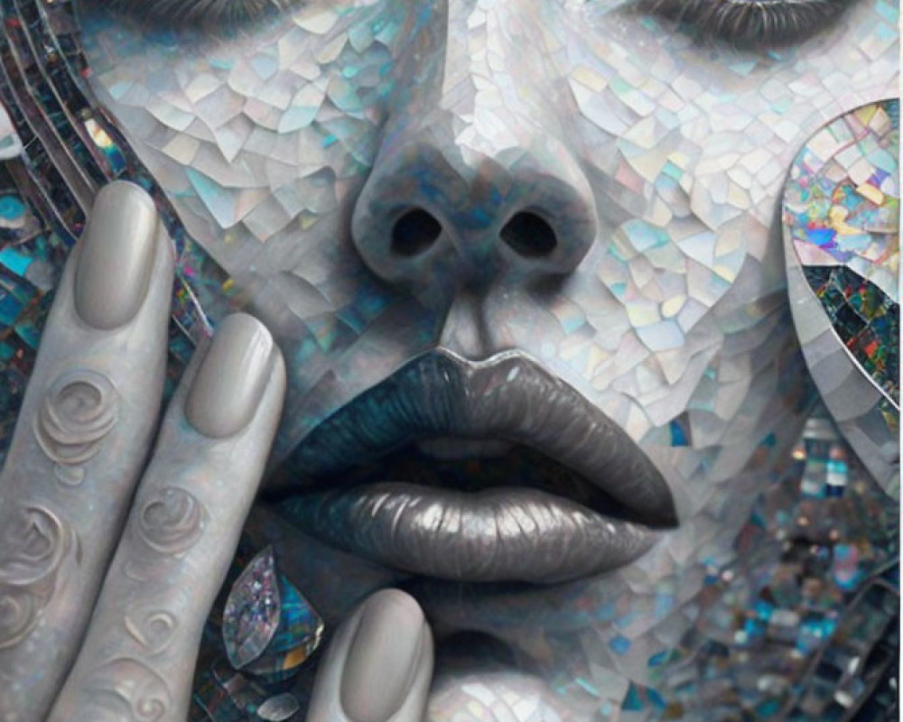 Close-up image of woman's face with blue eyes and mosaic skin, hand with intricate nail art.