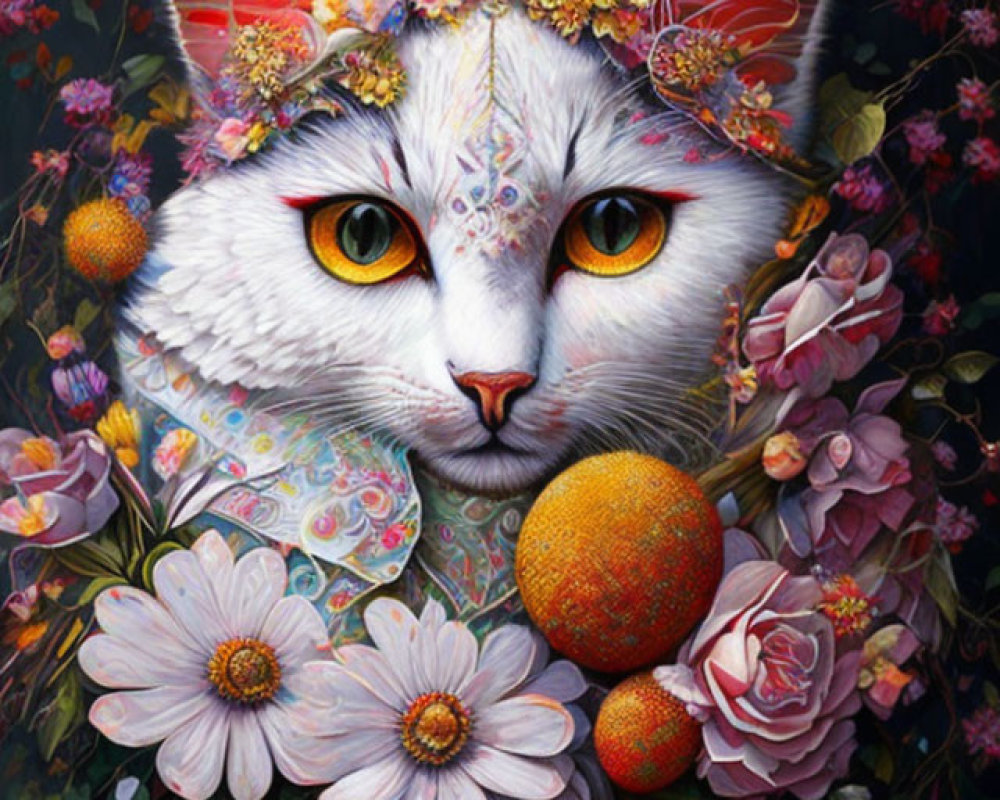 Detailed painting of white cat with orange eyes among flowers and fruits, wearing floral crown.