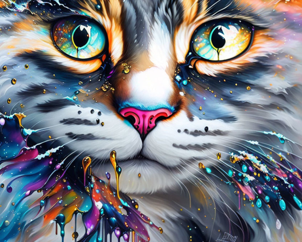 Colorful close-up of fantasy-style cat with expressive blue eyes and whimsical paint splashes