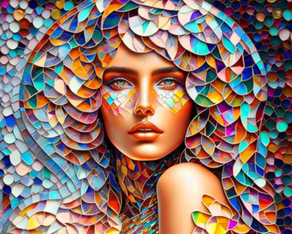 Vibrant digital portrait with mosaic patterns and colorful hues