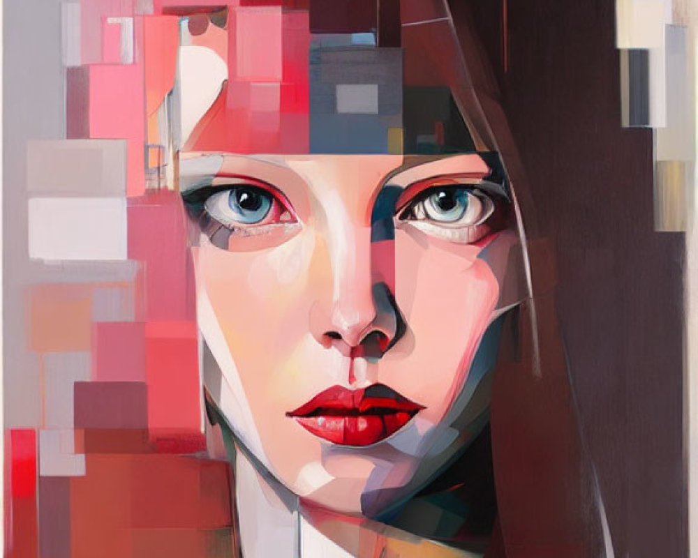 Geometric abstract portrait of a woman with blue eyes and red lips