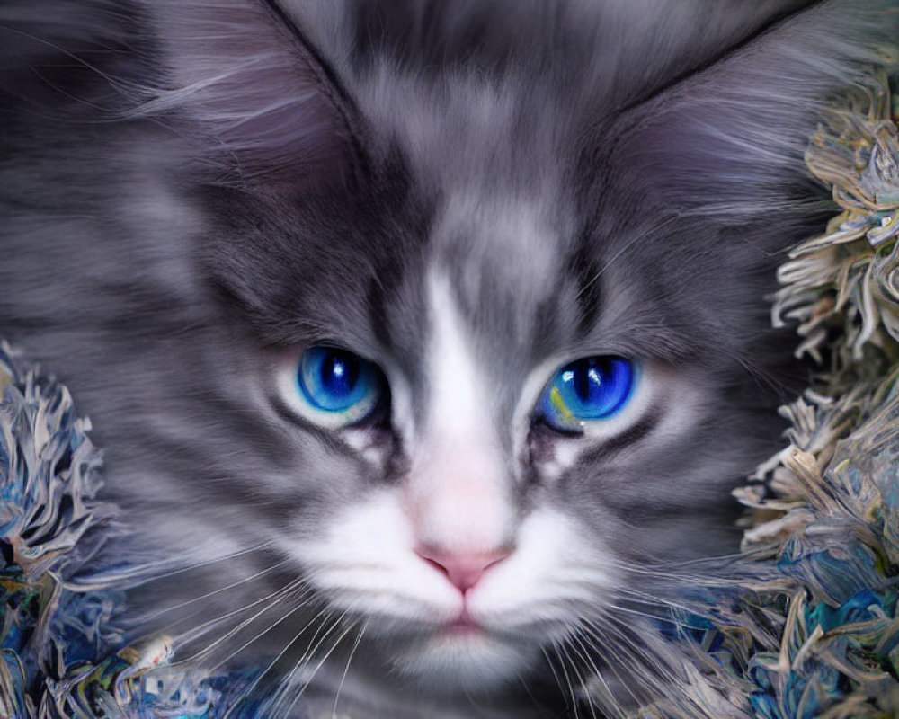 Fluffy Gray and White Cat with Blue Eyes on Textured Fabric