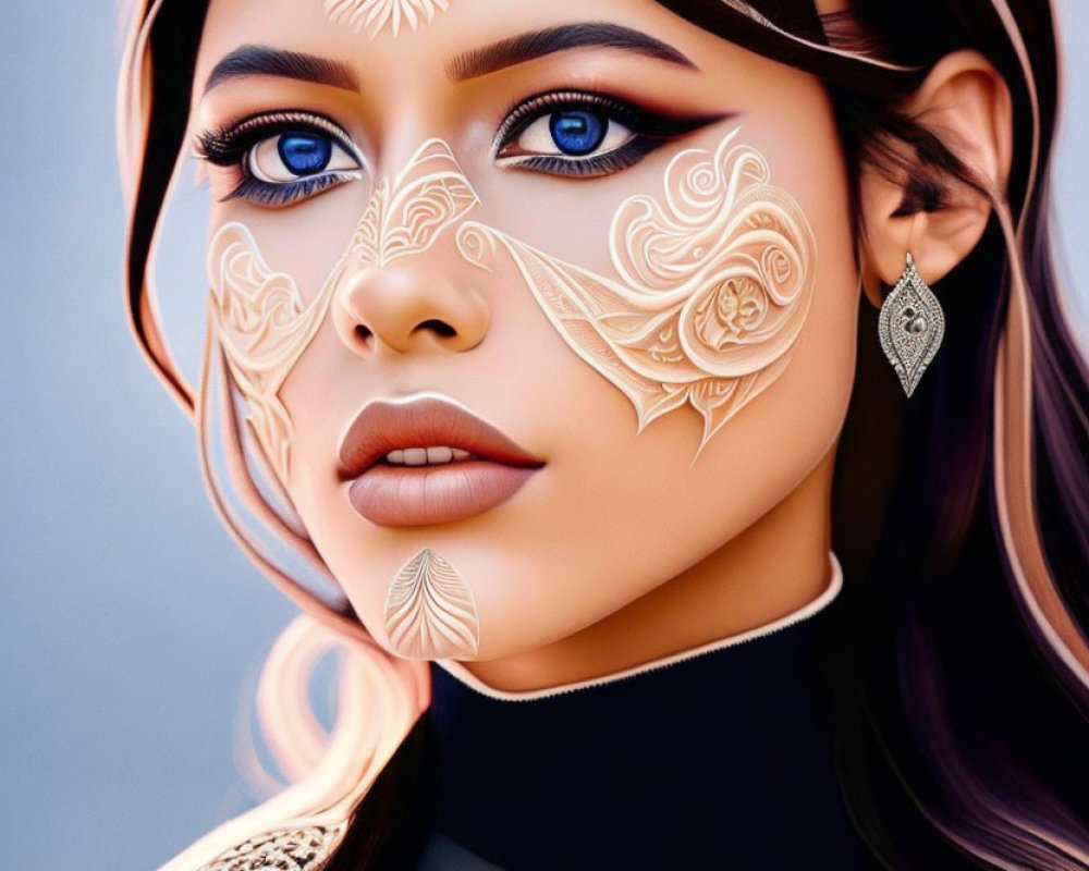 Close-Up Digital Artwork of Woman with Striking Blue Eyes and Ornate White Facial Patterns