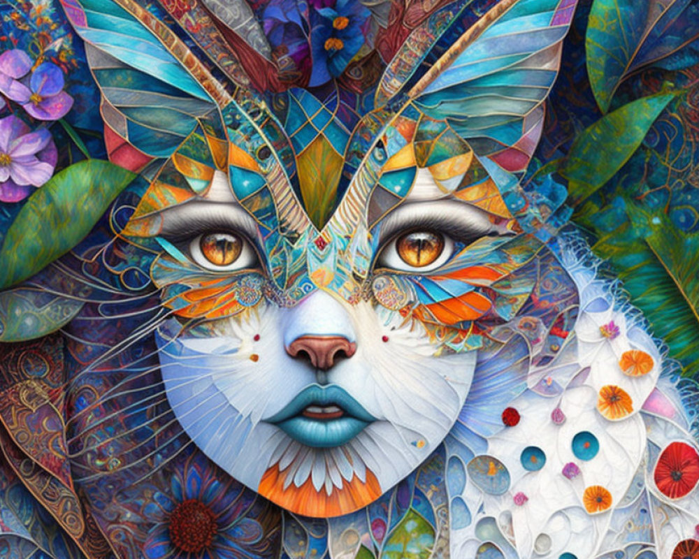 Colorful Digital Artwork: Cat's Face with Floral Patterns