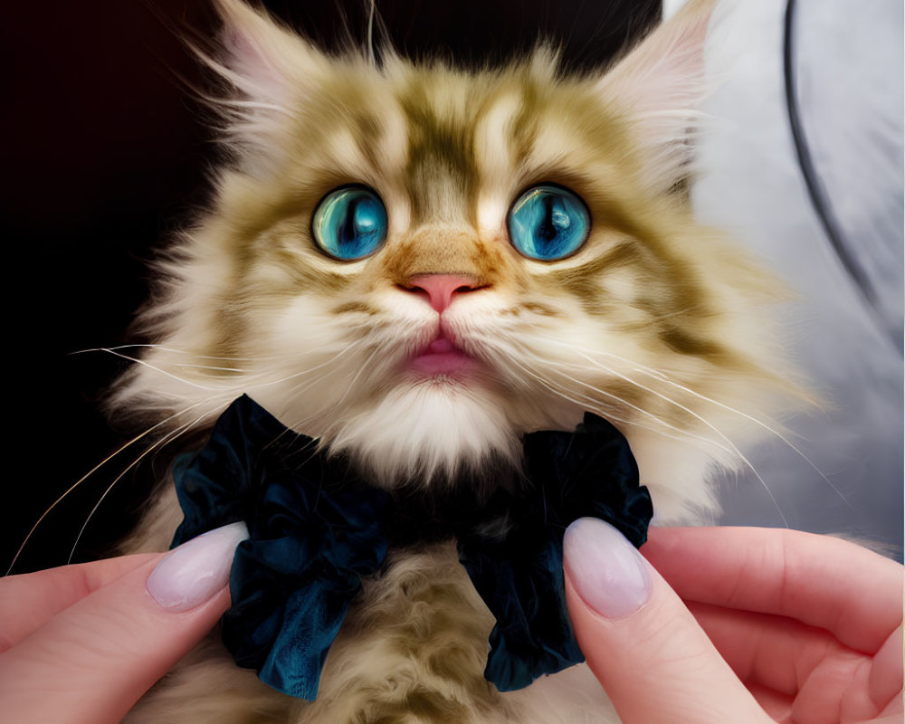 Fluffy cat with blue eyes and black bow held gently under chin