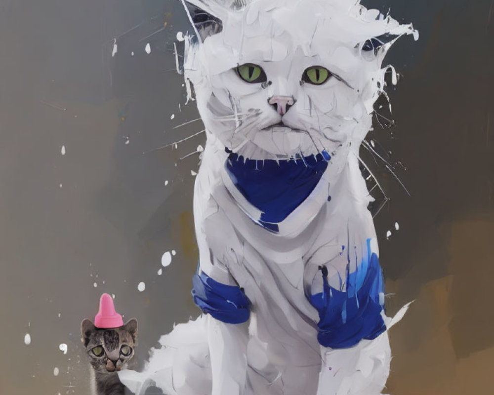 Digital painting of two displeased cats, one large with blue stripes, covered in paint, and a