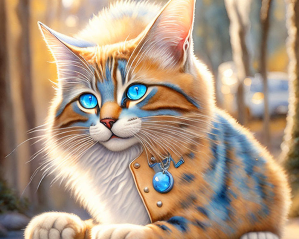 Vibrantly colored digital artwork of an orange tabby cat with blue eyes in sunny autumn park