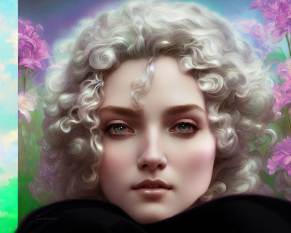 Digital painting: Woman with curly hair surrounded by purple flowers in serene expression