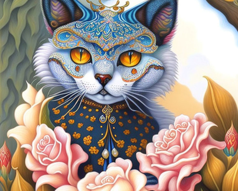 Colorful Stylized Cat Surrounded by Roses and Ornate Patterns