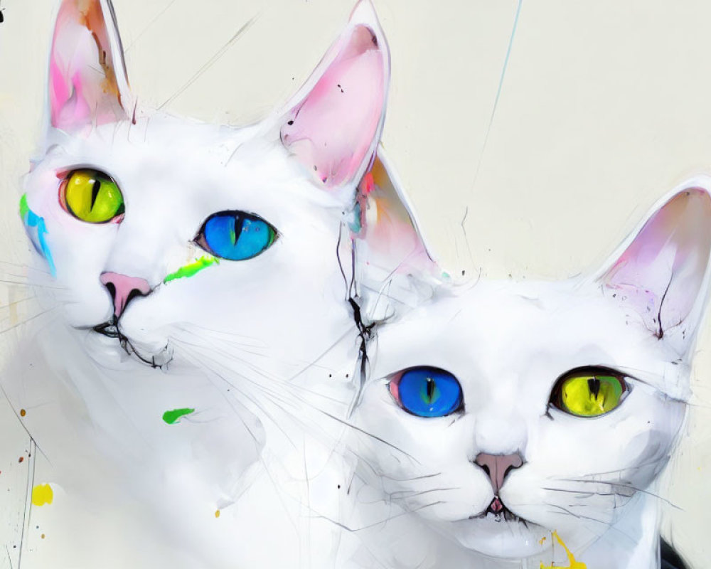 Colorful Marked White Cats with Heterochromia in Paint Splatter Environment