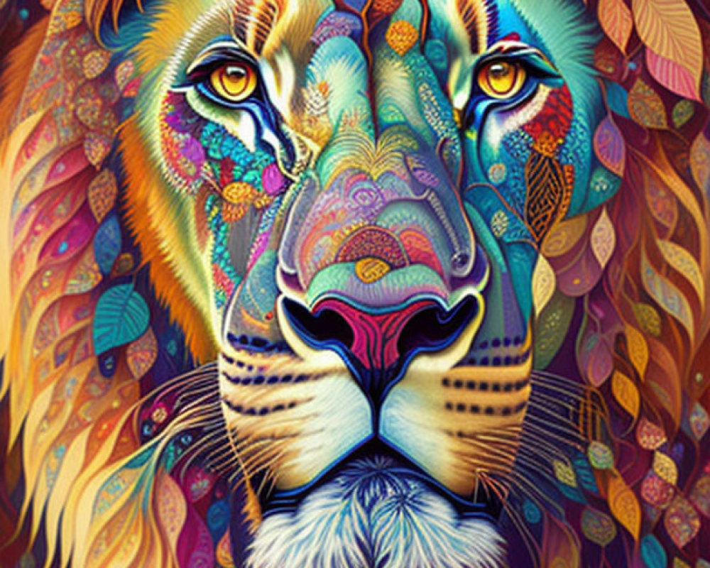 Colorful Lion Illustration with Psychedelic Patterns and Foliage