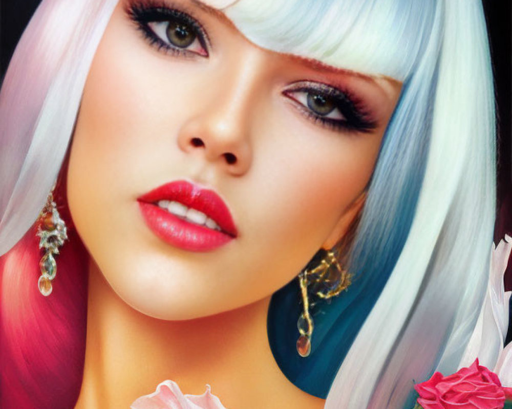 Portrait of a woman with pale skin, colorful hair, bold makeup, and a rose