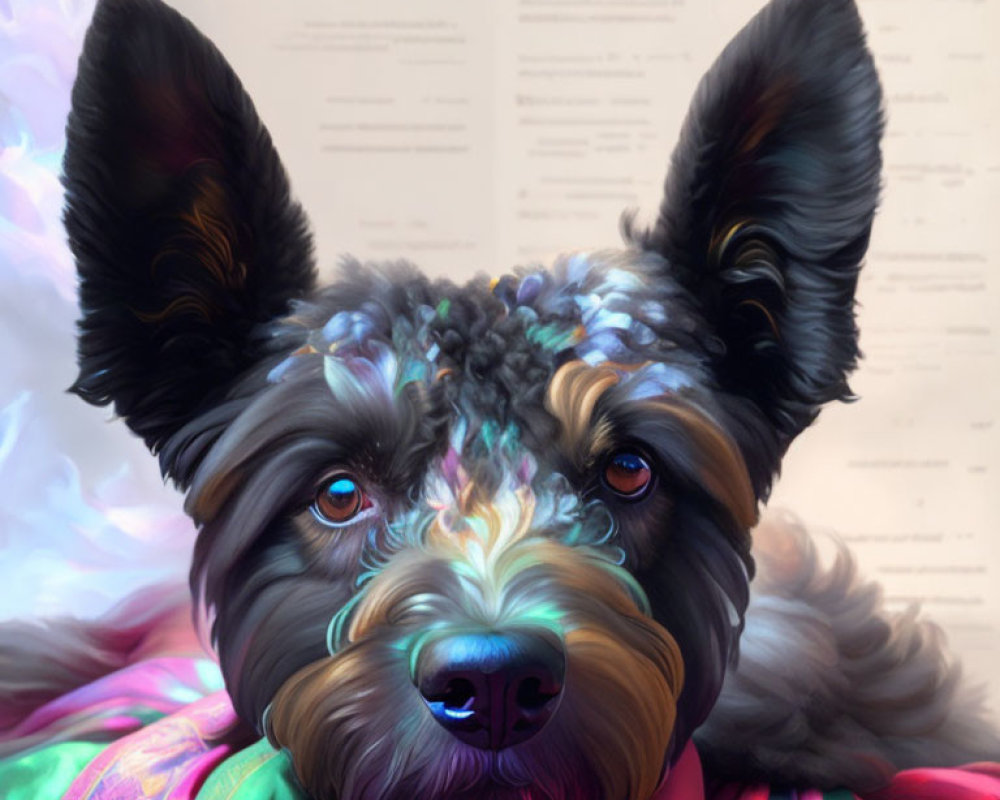 Digitally Enhanced Portrait of Dog with Large Ears and Multicolored Fur