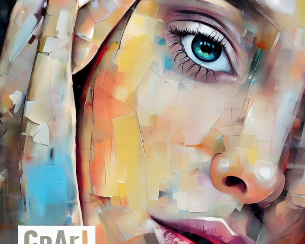 Abstract painting: Woman's face with fragmented pixelated effect, blue eye, pink lips