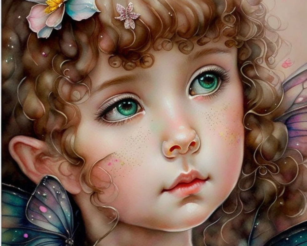 Young girl with curly hair and butterfly wings in whimsical illustration