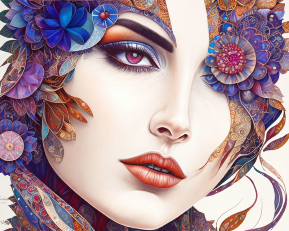 Woman with Blue and Purple Floral Headdress Artwork