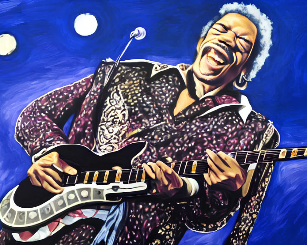 Colorful Painting of Joyful Guitarist on Stage