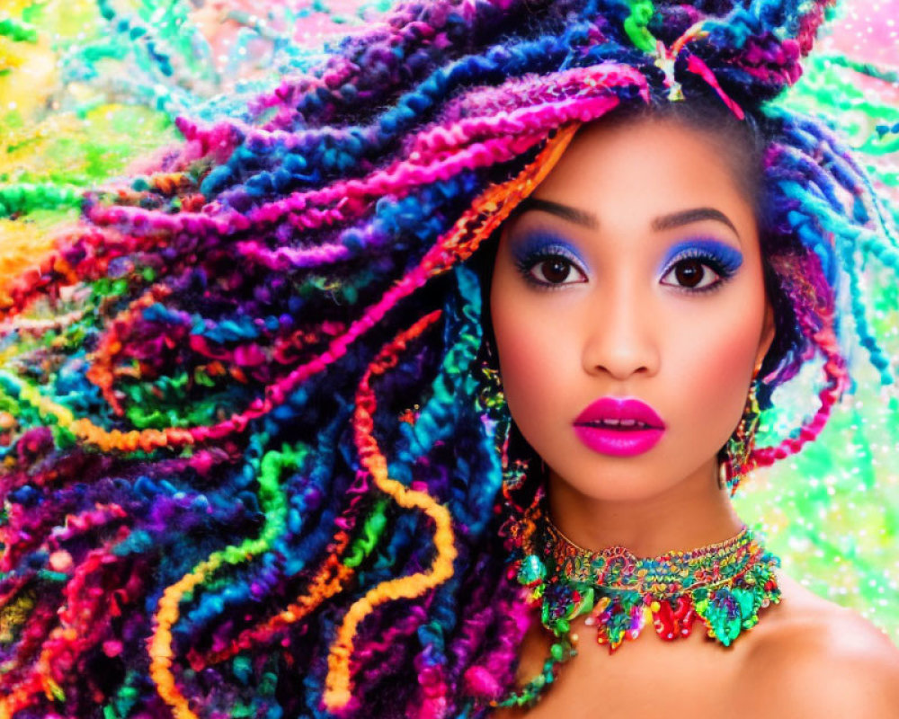 Colorful Braided Hair Woman with Blue Eyeshadow and Pink Lipstick Against Splattered Background