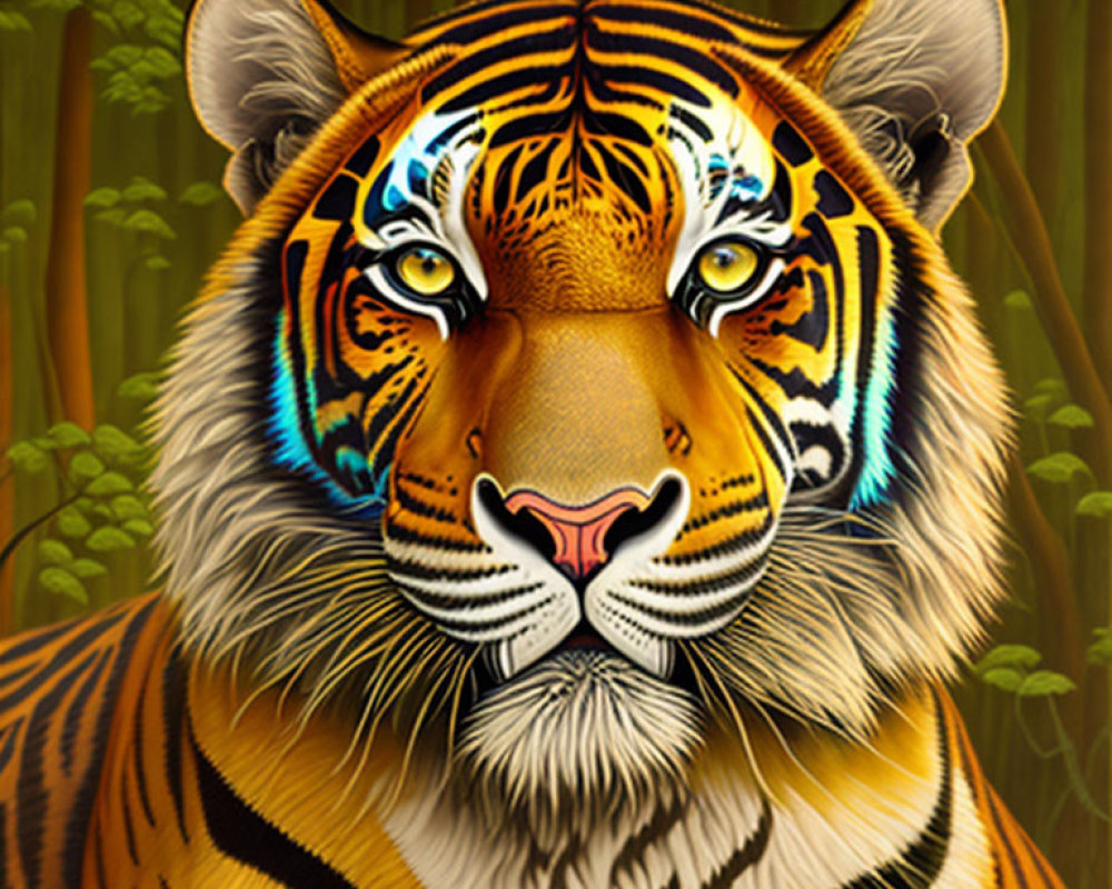 Detailed Tiger Face Illustration in Lush Green Jungle