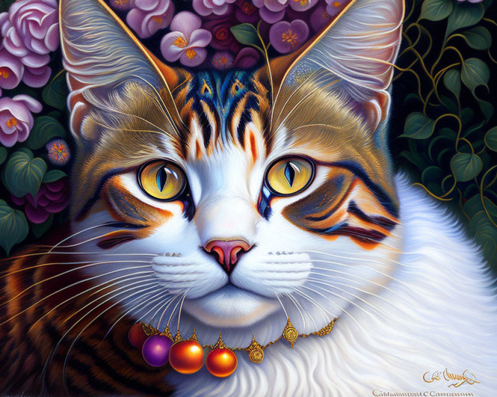 Hyperrealistic White and Tabby Cat Painting with Yellow Eyes and Bejeweled Necklace on Purple