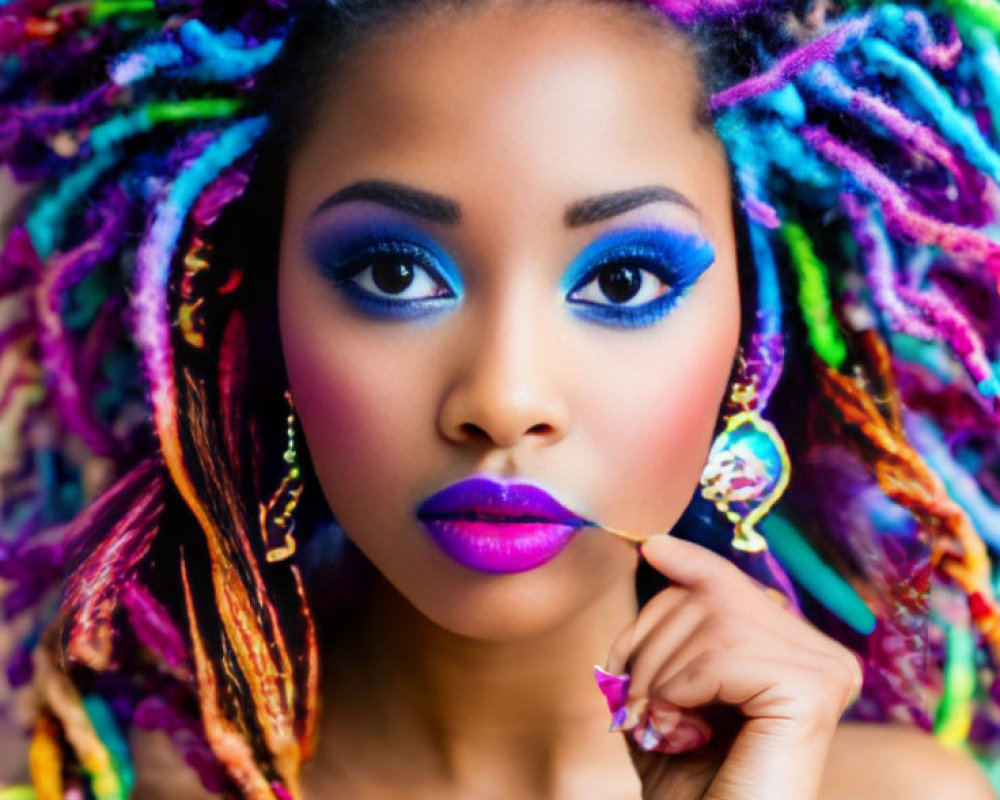 Vibrant rainbow hair, blue eyeshadow, purple lipstick woman holding petal