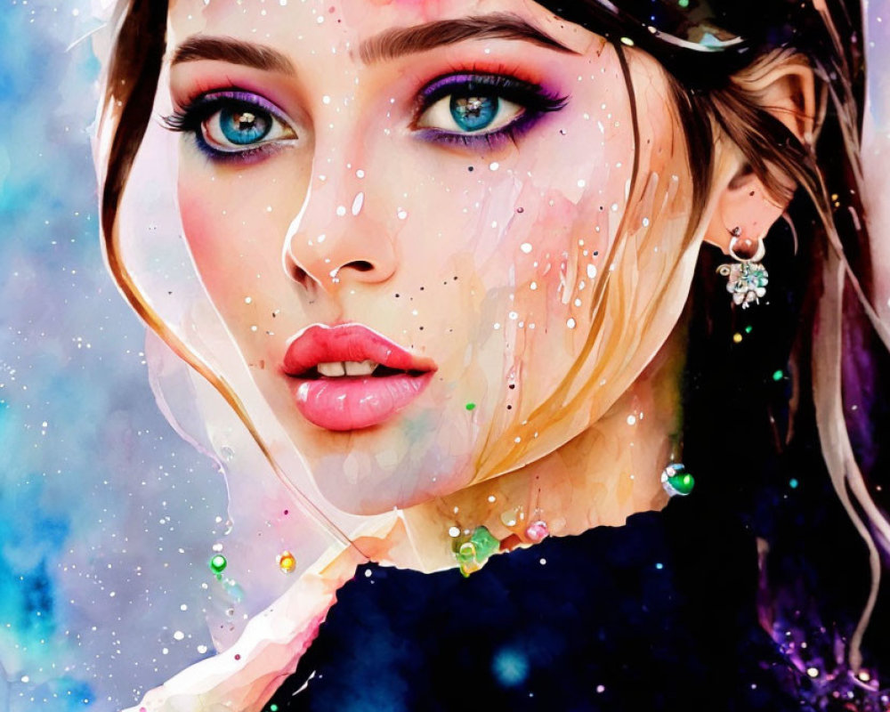 Colorful Watercolor Portrait of Woman with Blue Eyes and Paint Splatters