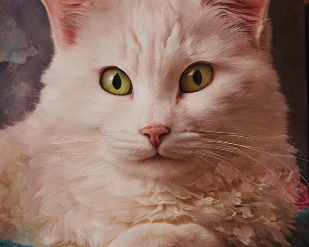 Fluffy White Cat with Green Eyes on Blue Surface with Colorful Flowers