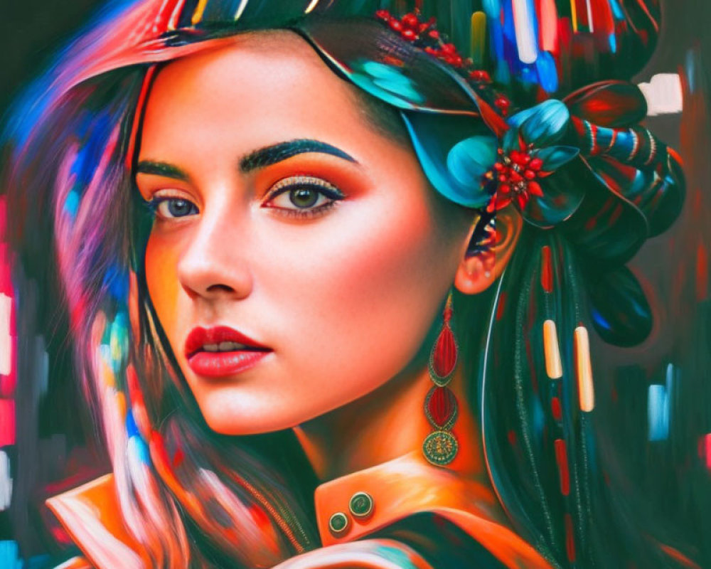 Colorful digital portrait of a woman with hazel eyes in patterned attire.