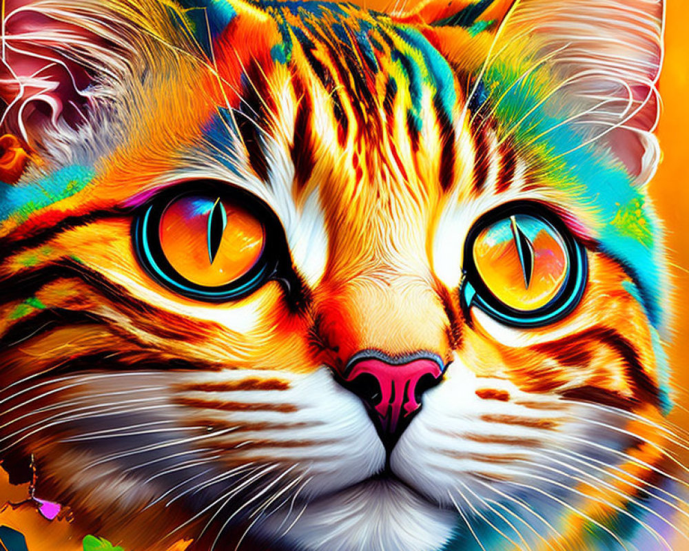 Colorful Digital Art of Cat's Face with Exaggerated Eyes and Vivid Hues on Orange