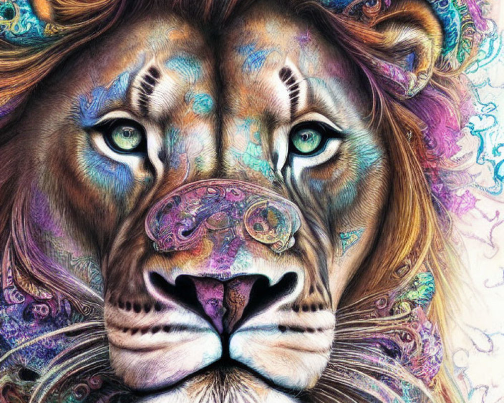 Colorful Lion Face Artwork with Intricate Patterns and Vibrant Spectrum of Colors