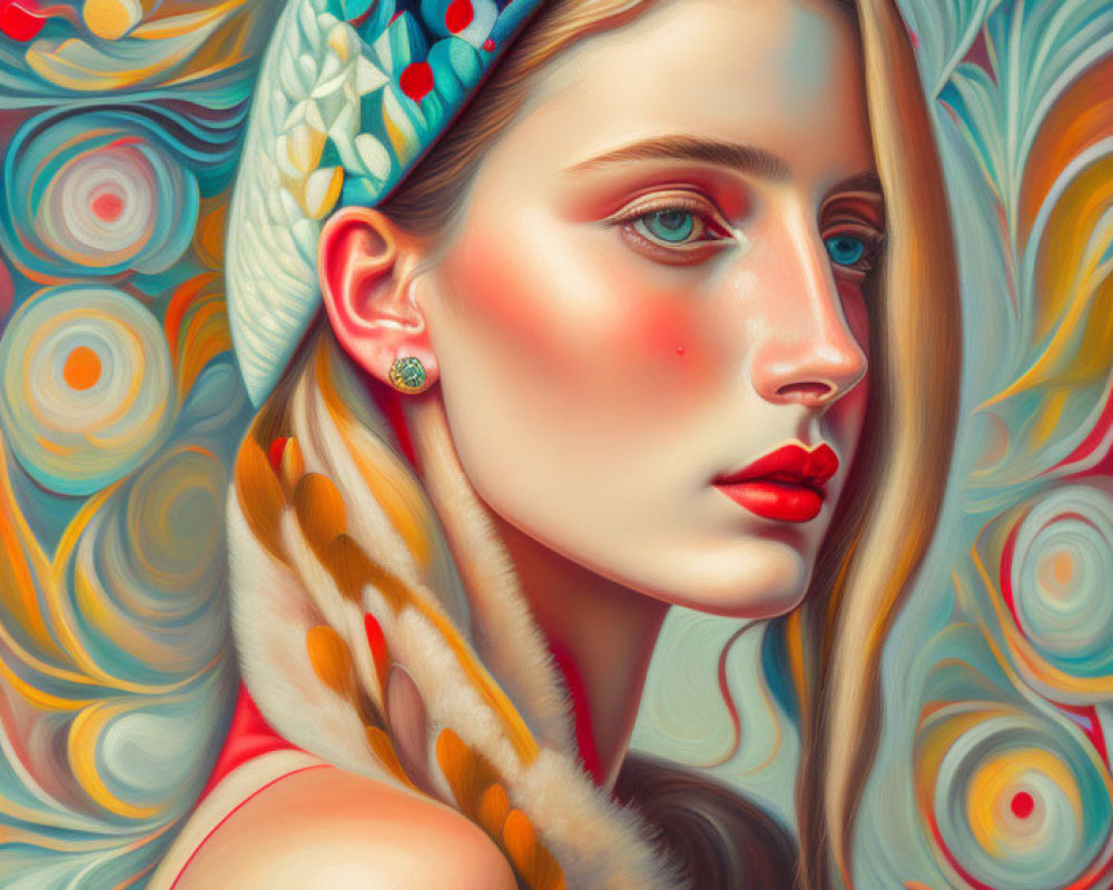 Colorful portrait of a woman with red lips and headband against ornate background