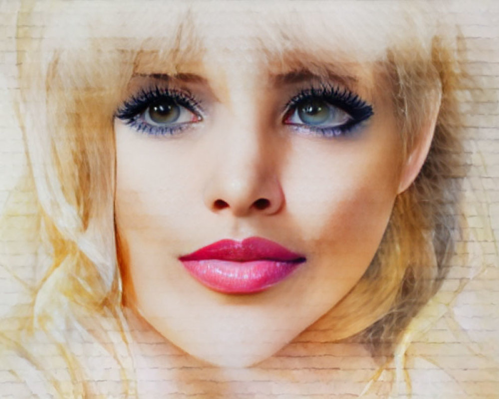 Close-Up Portrait of Woman with Blue Eyes, Blonde Hair, and Pink Lipstick