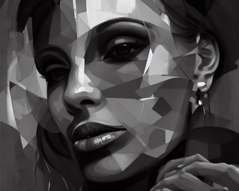 Geometric monochromatic portrait of a woman with abstract, fragmented shapes